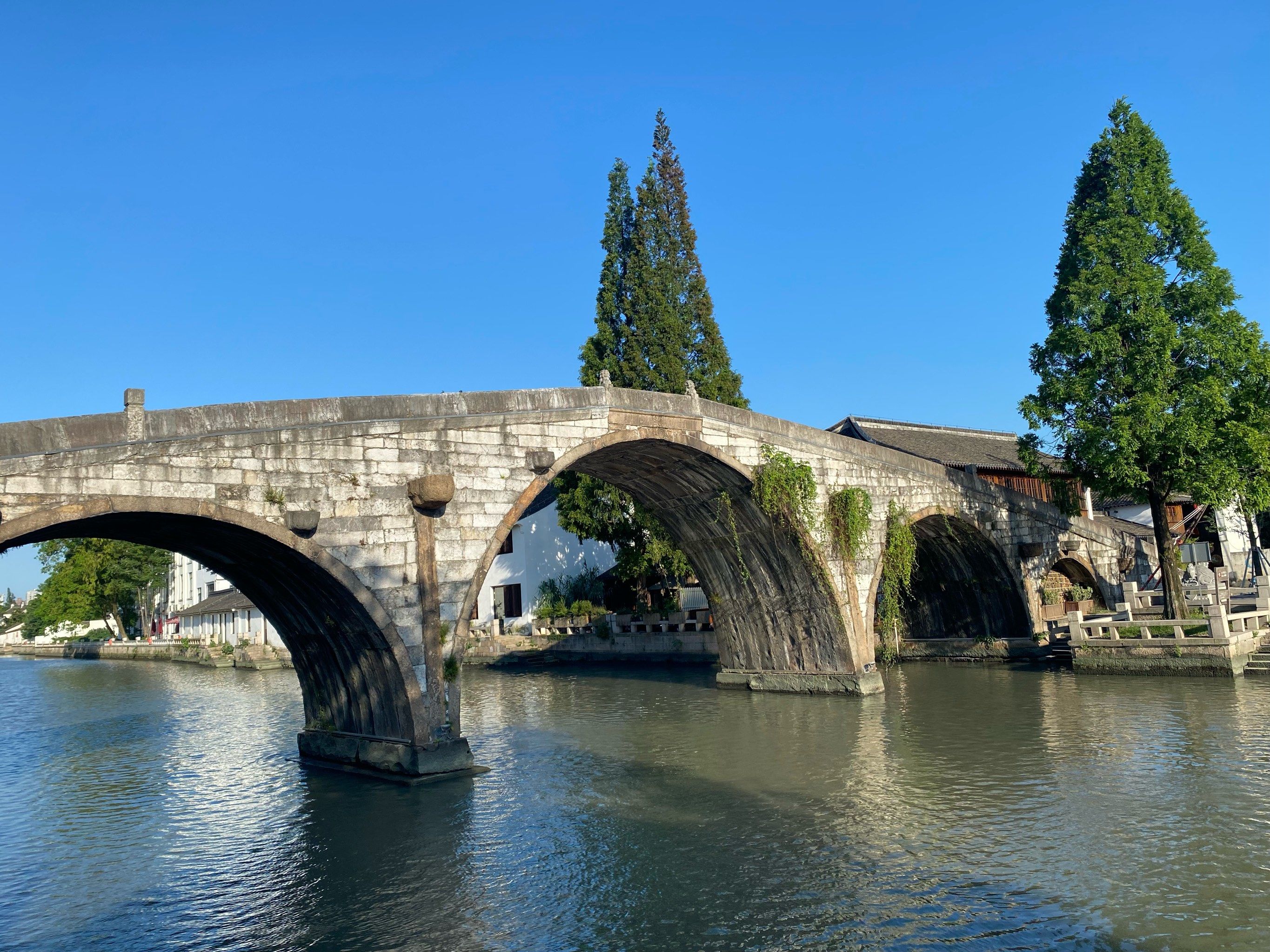 石桥,小河,绿树