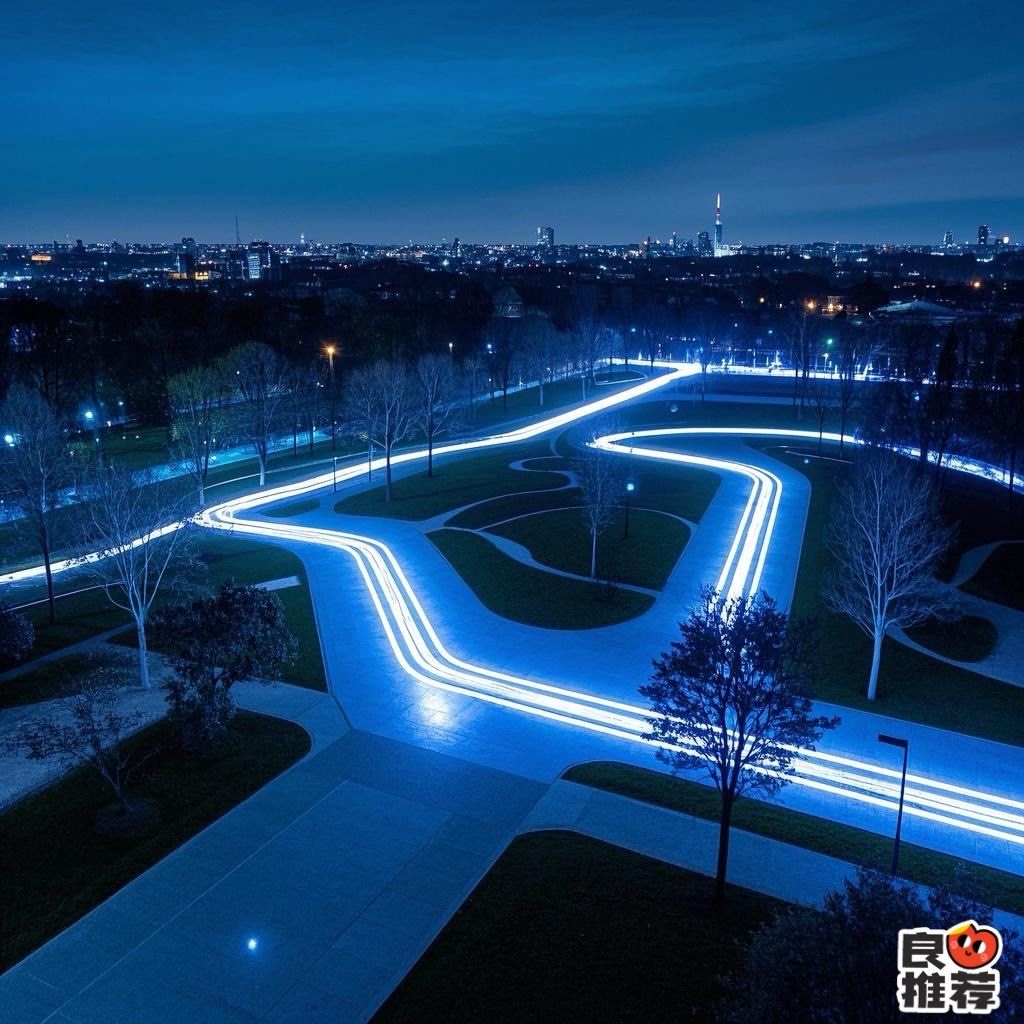 夜幕低垂,公园里的静谧被地上交织的灯光线条打破