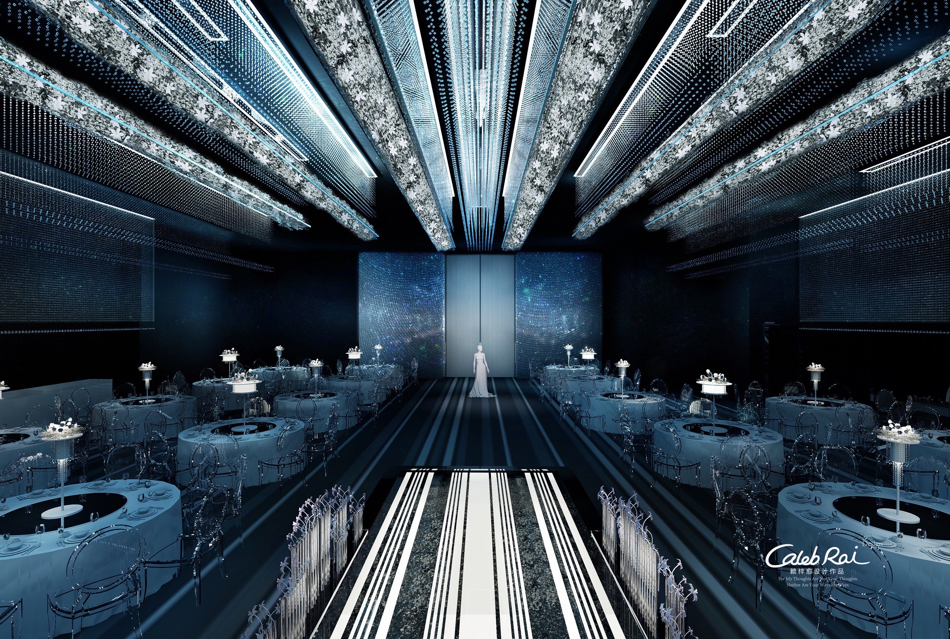 封存不朽的诺言,另外水晶的高级质感突出秀场风;
高低错落双层舞台