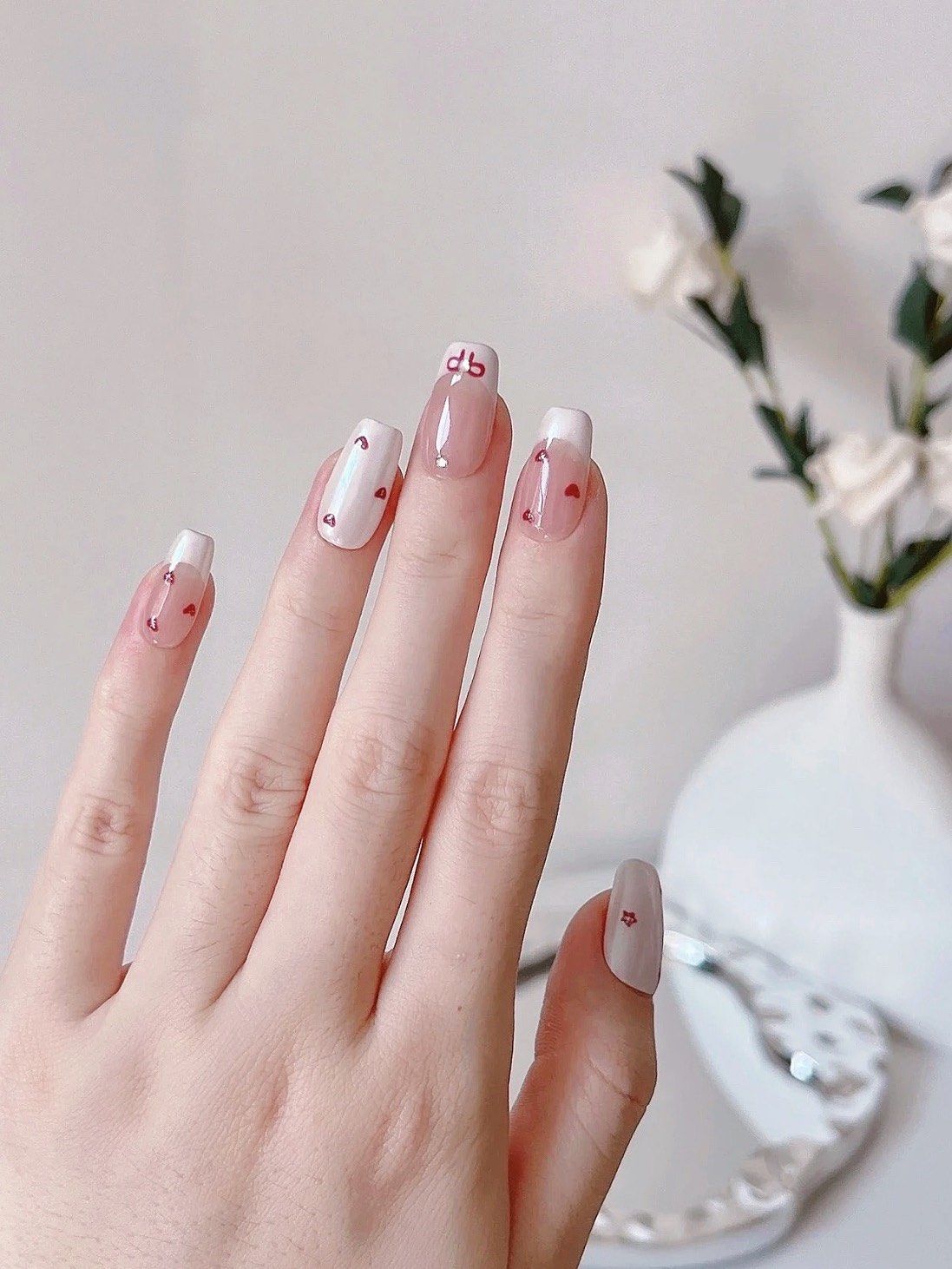 浪漫奶白法式爱心美甲!