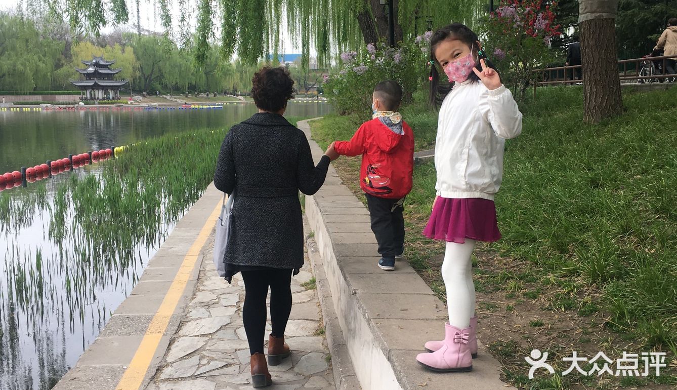 带着娃公园里溜达花都开了景色很美沿着湖边走走