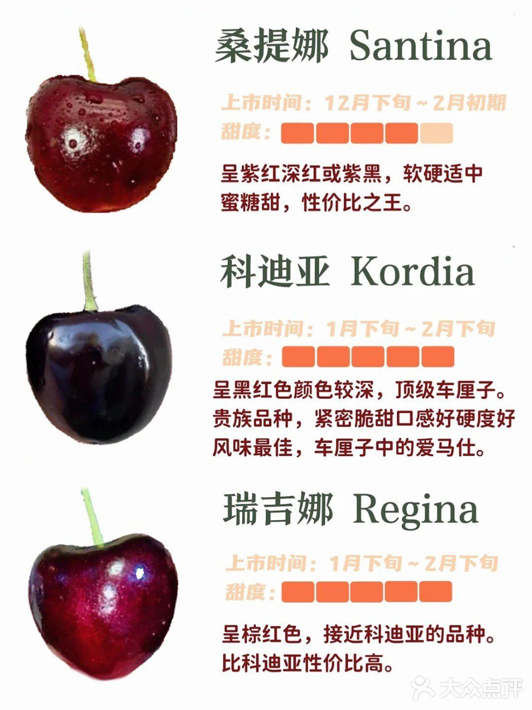 常见车厘子｜甜度大小｜一看就懂了