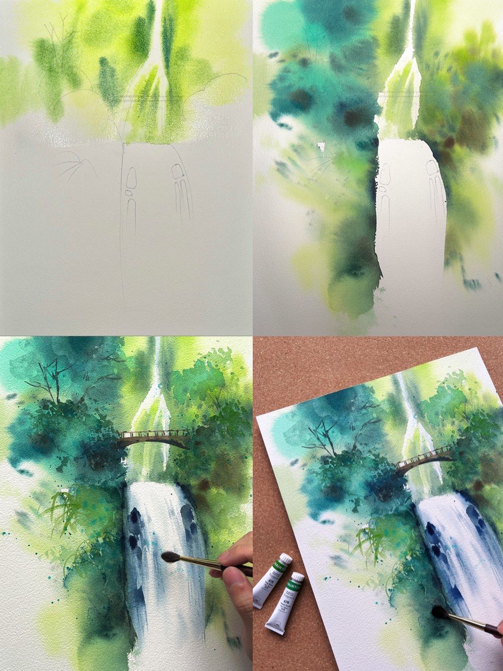我的随手画～5步教你用水彩画瀑布!小白可试!