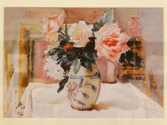 张充仁·水彩画《月季瓶花》（复制品）-上海油画雕塑院