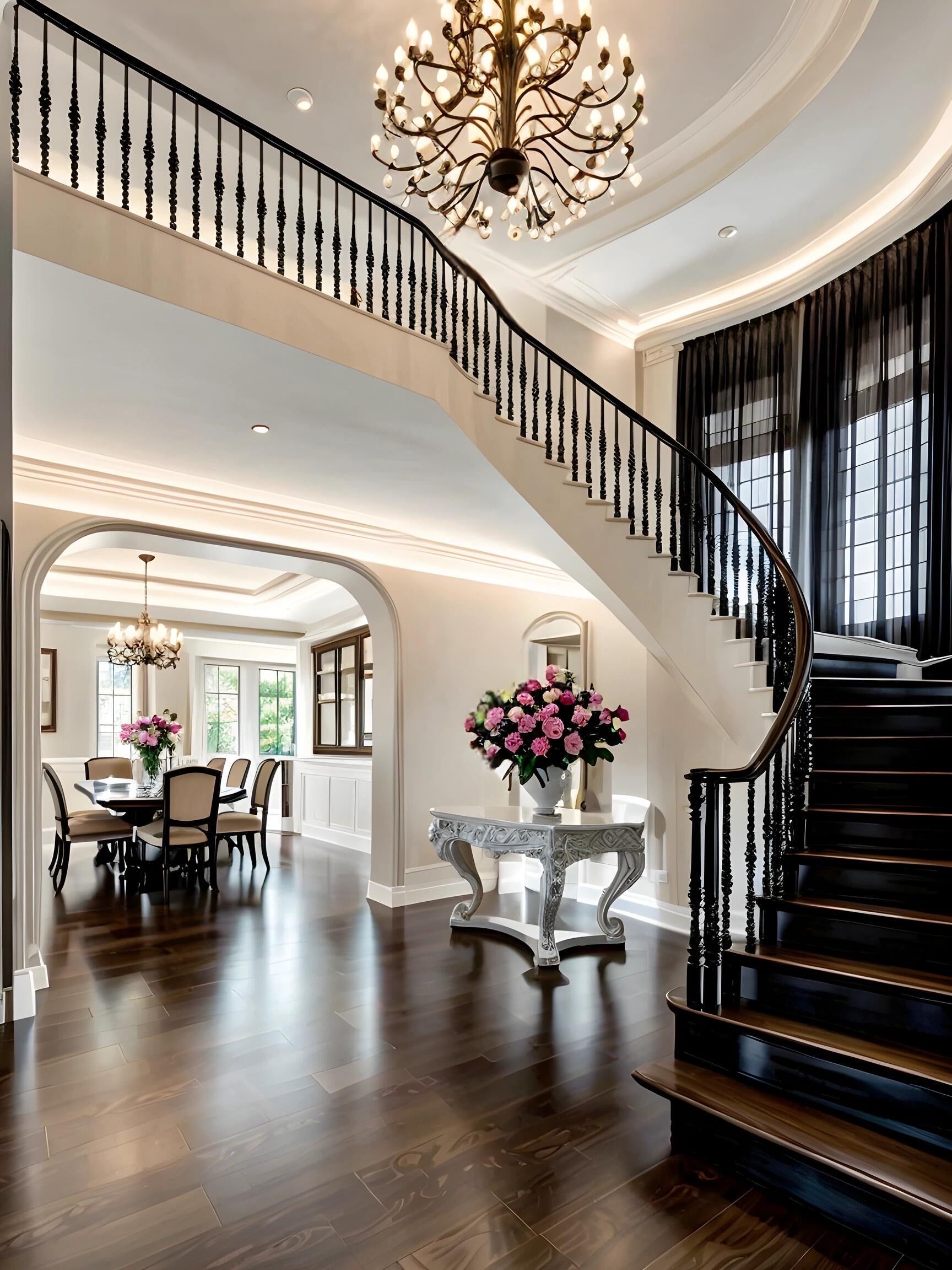 能是黑白法式的错吗?玄关做旋转楼梯,特别吸睛!