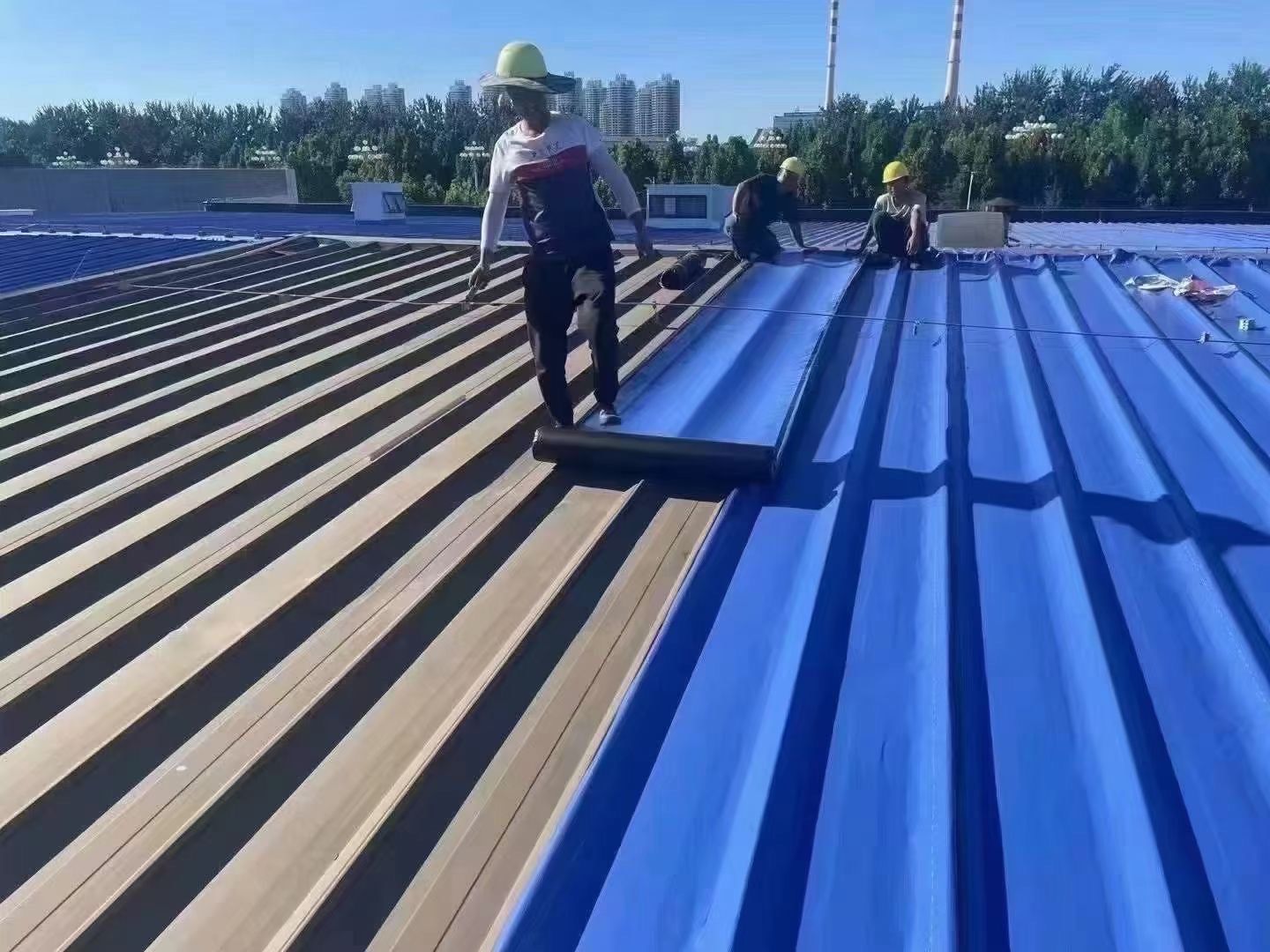 钢接构彩钢瓦顶防水材料施工现场