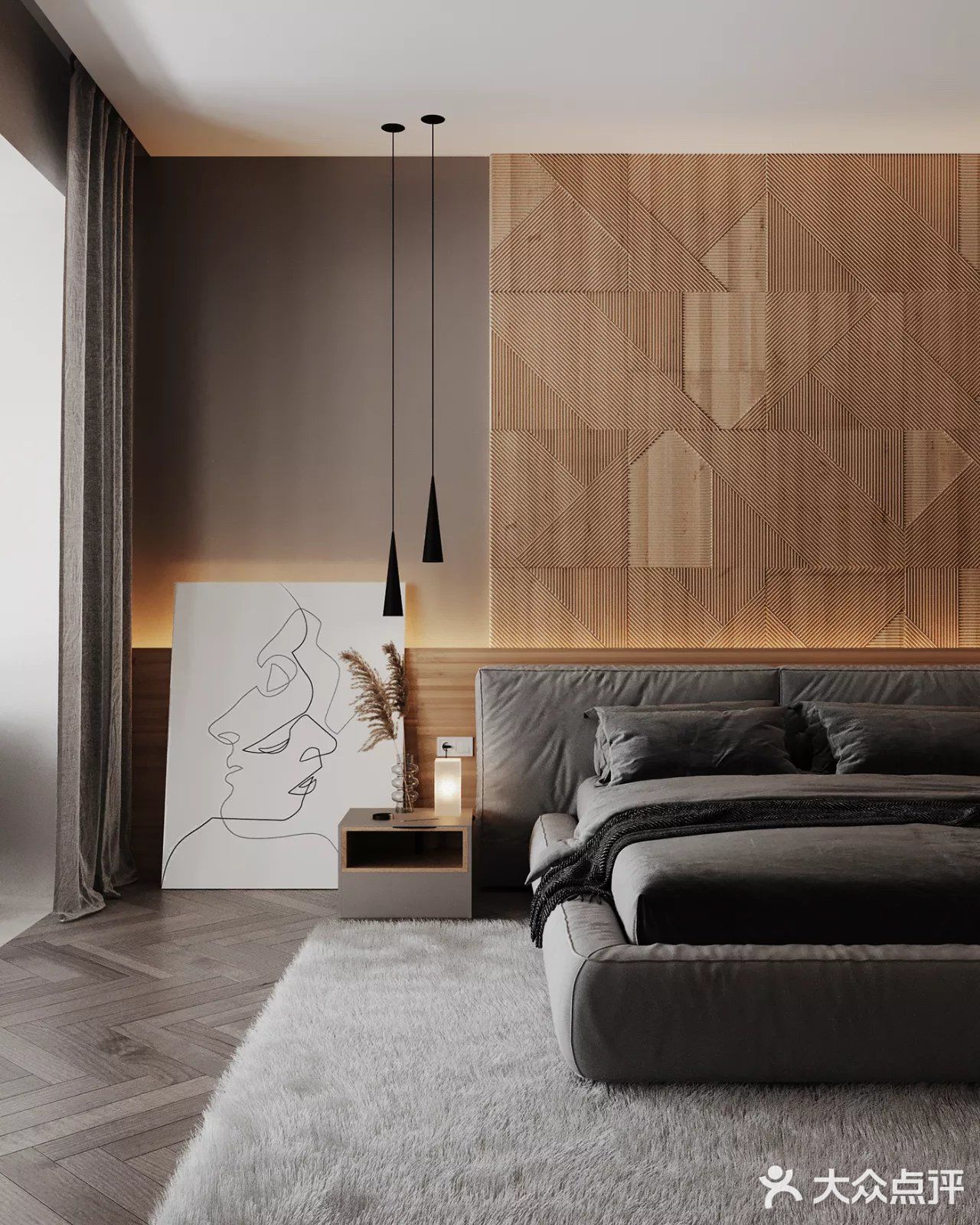 主卧依旧使用高级灰与原木色作为空间的主色调