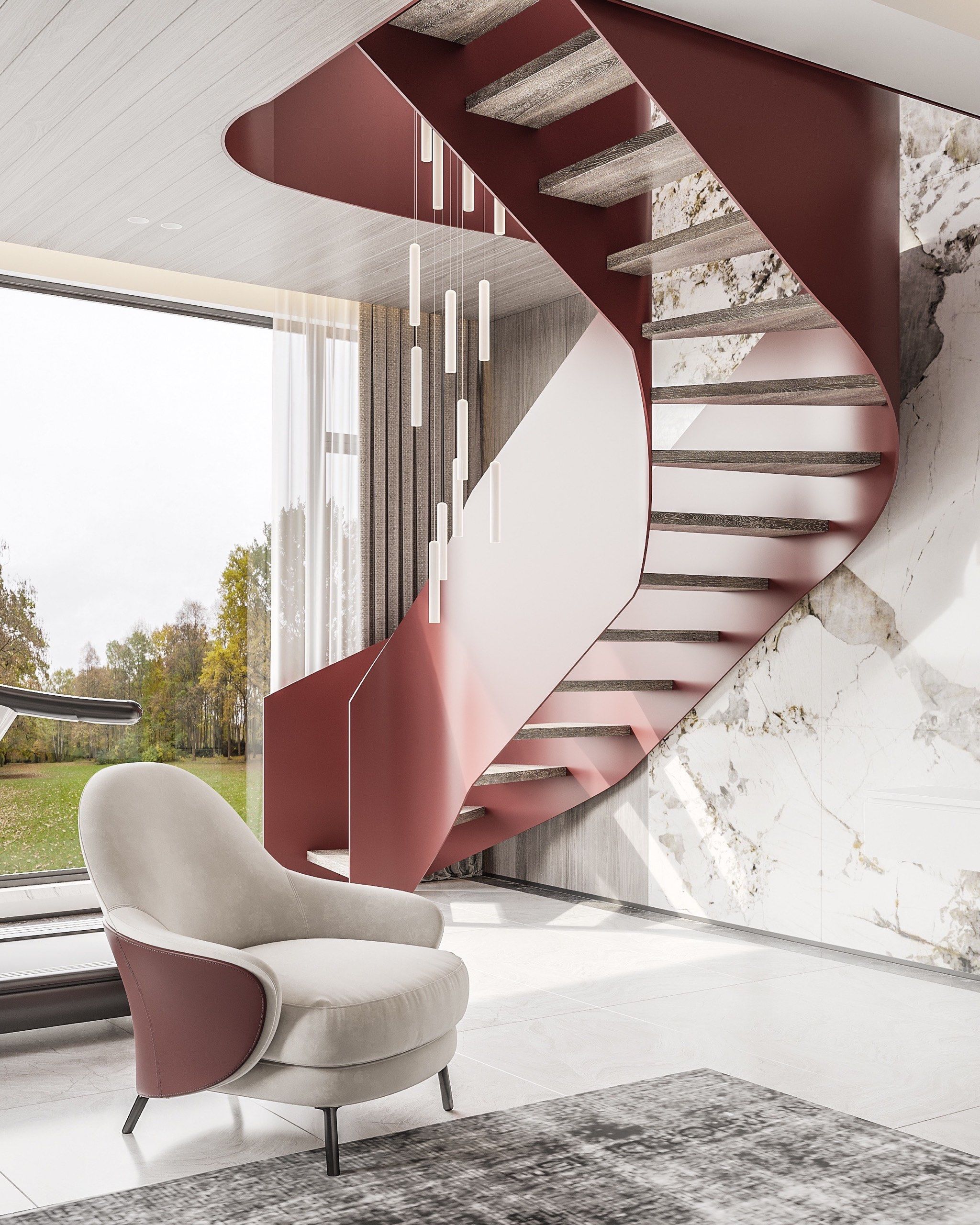 楼梯靠墙做成酒红色,小空间大时髦