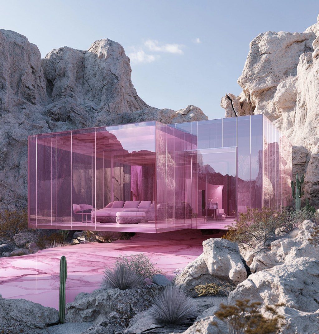 探索沙漠中的透明粉色玻璃住宅设计