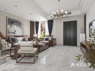 客厅：电视墙对称造型与餐厅墙一体化设计，将强弱电箱融
