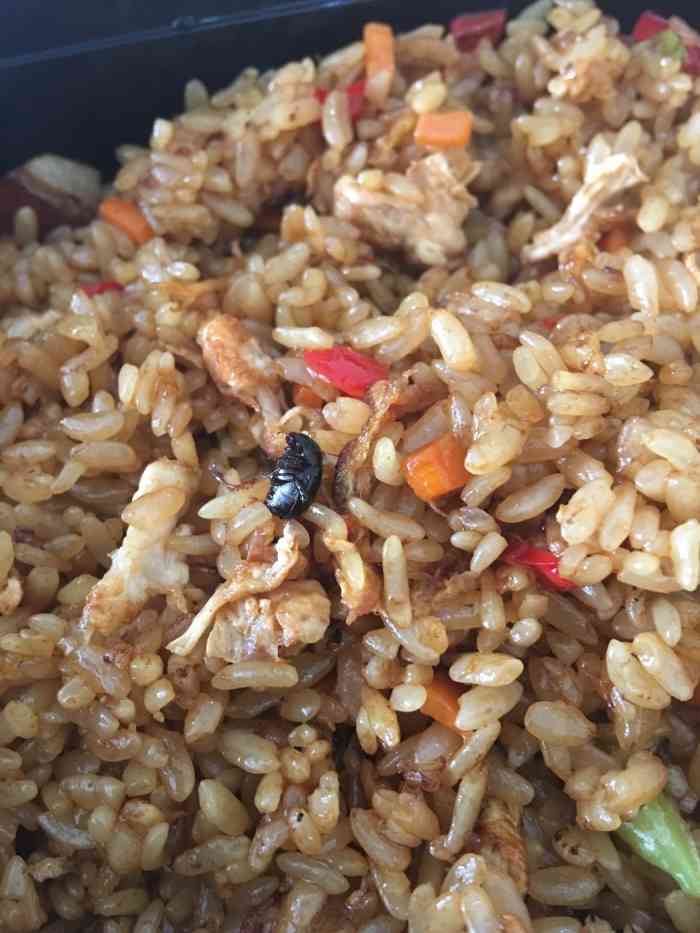 打分 还没吃,随便翻动了下就看到了蟑螂,是一只炒熟了的蟑螂!