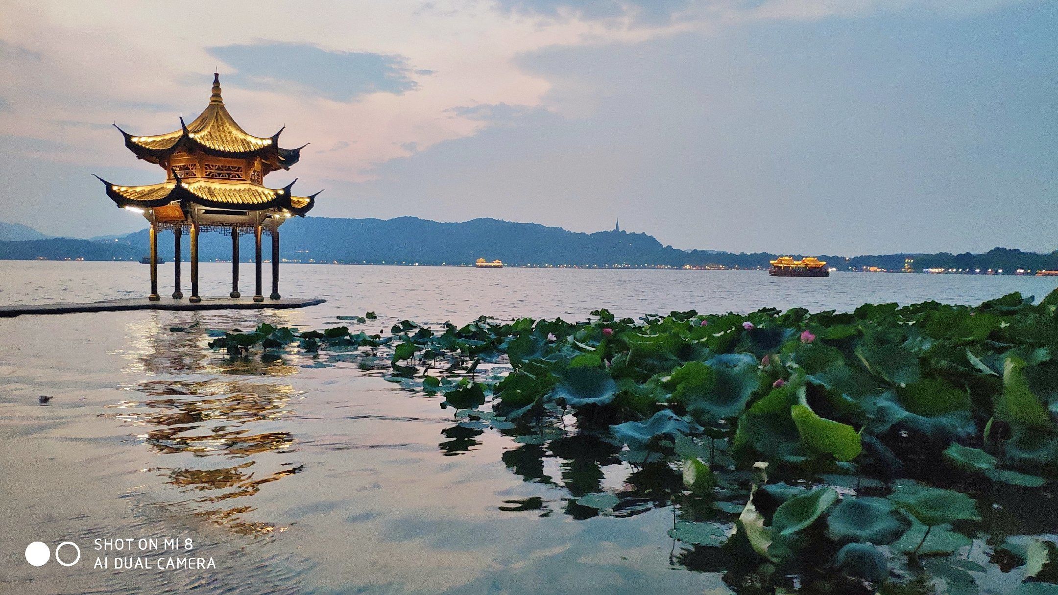 晚霞 凉亭 荷花 水波荡漾～西湖美景如画～#0元玩转这座城 #西湖