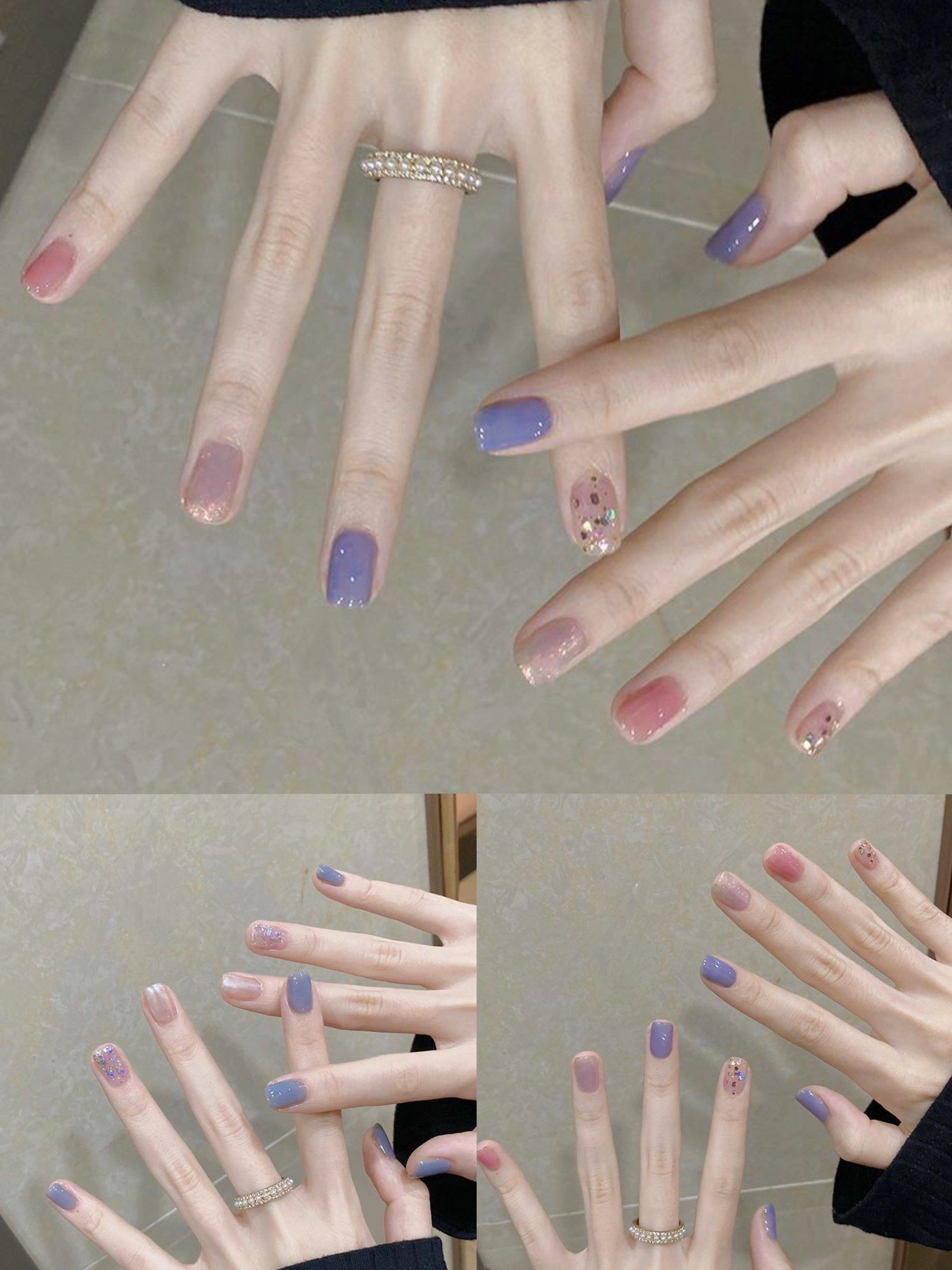 秋季跳色雾霾蓝甜美气质温柔简约美甲