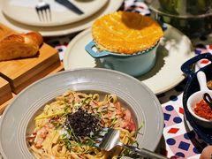 烟熏肉蘑菇奶油面配低温蛋-第101座花园餐厅(湖滨88店)