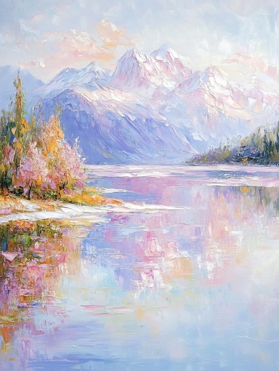 油画:莫奈风山湖