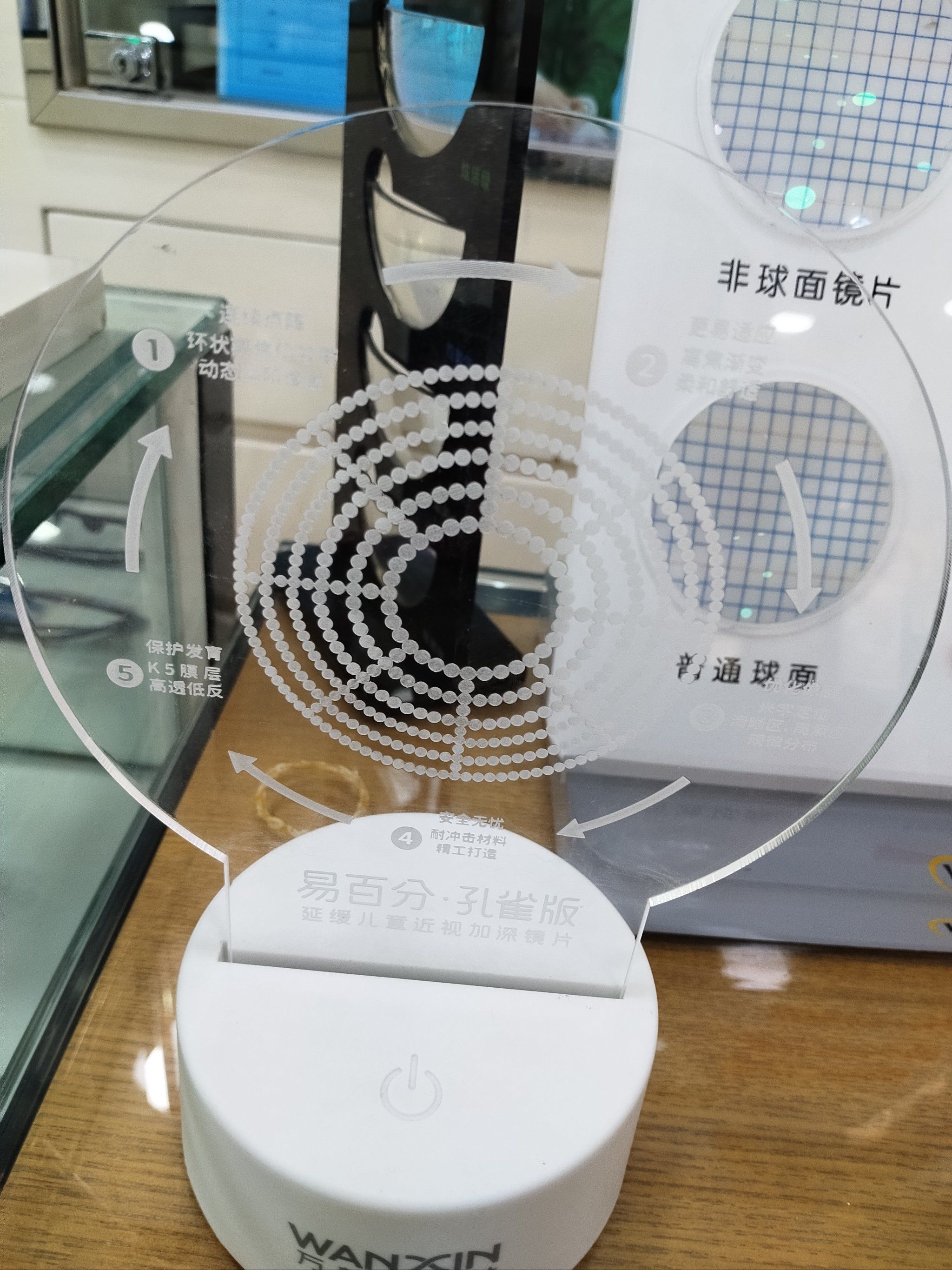 光学区为单光设计的镜片周边功能区分布着同心圆式排列的环带微柱镜