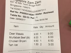 账单-新加坡Zam Zam餐馆
