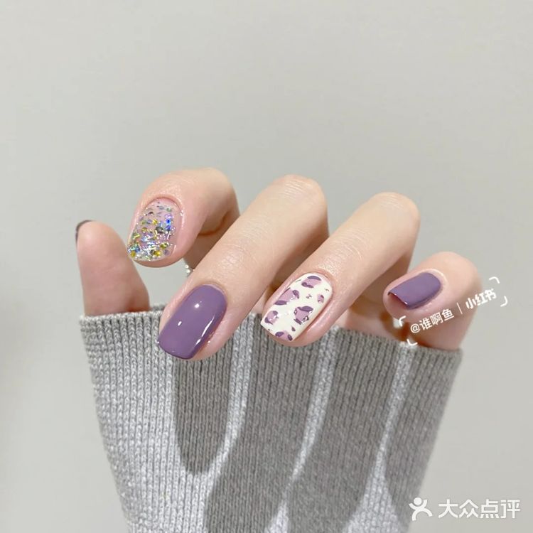 紫色美甲	俏皮少女温柔豹纹亮片渐	 变甲   