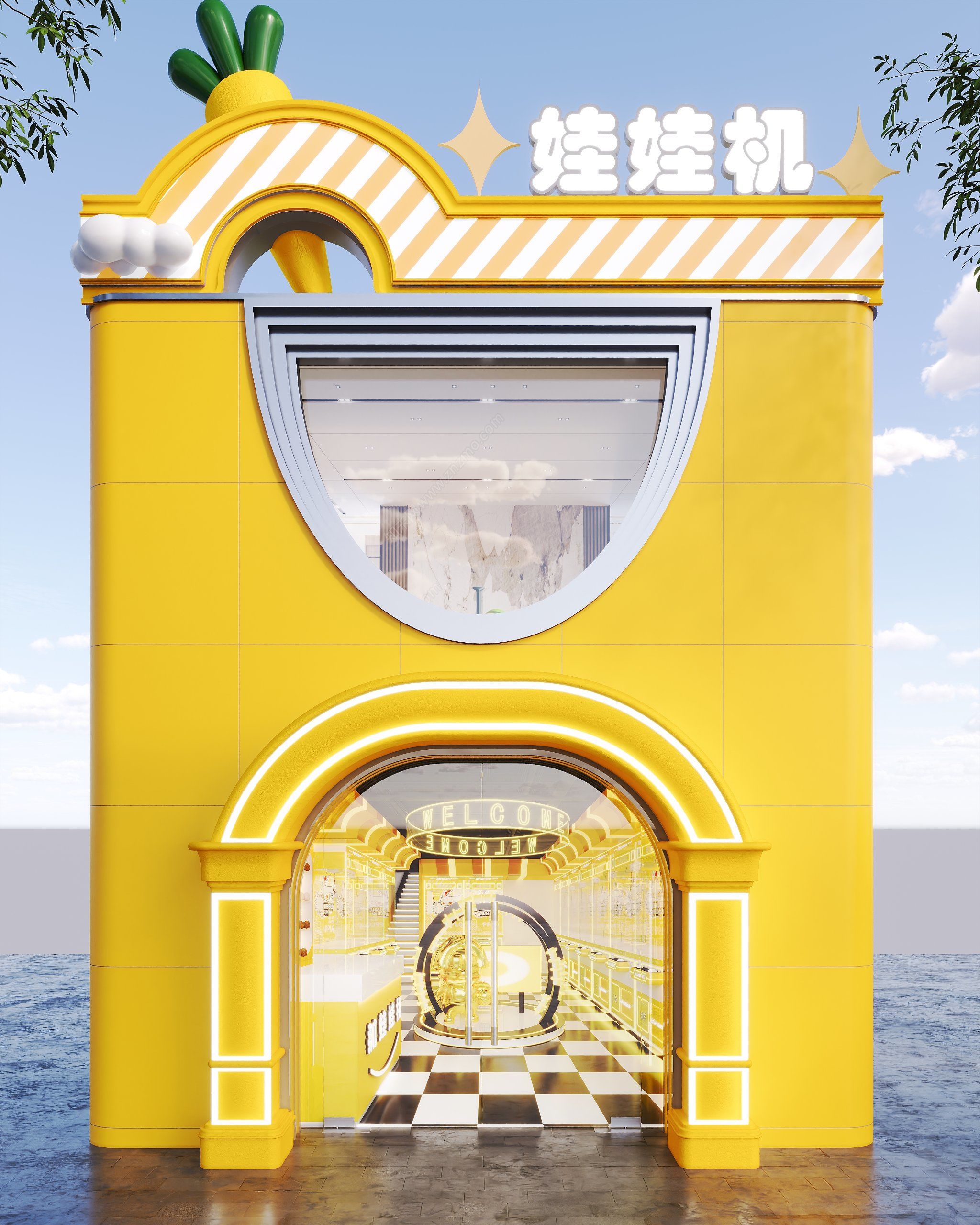 的是万达广场的一家娃娃机店铺案例,通过颜色鲜艳,造型独特外观设计