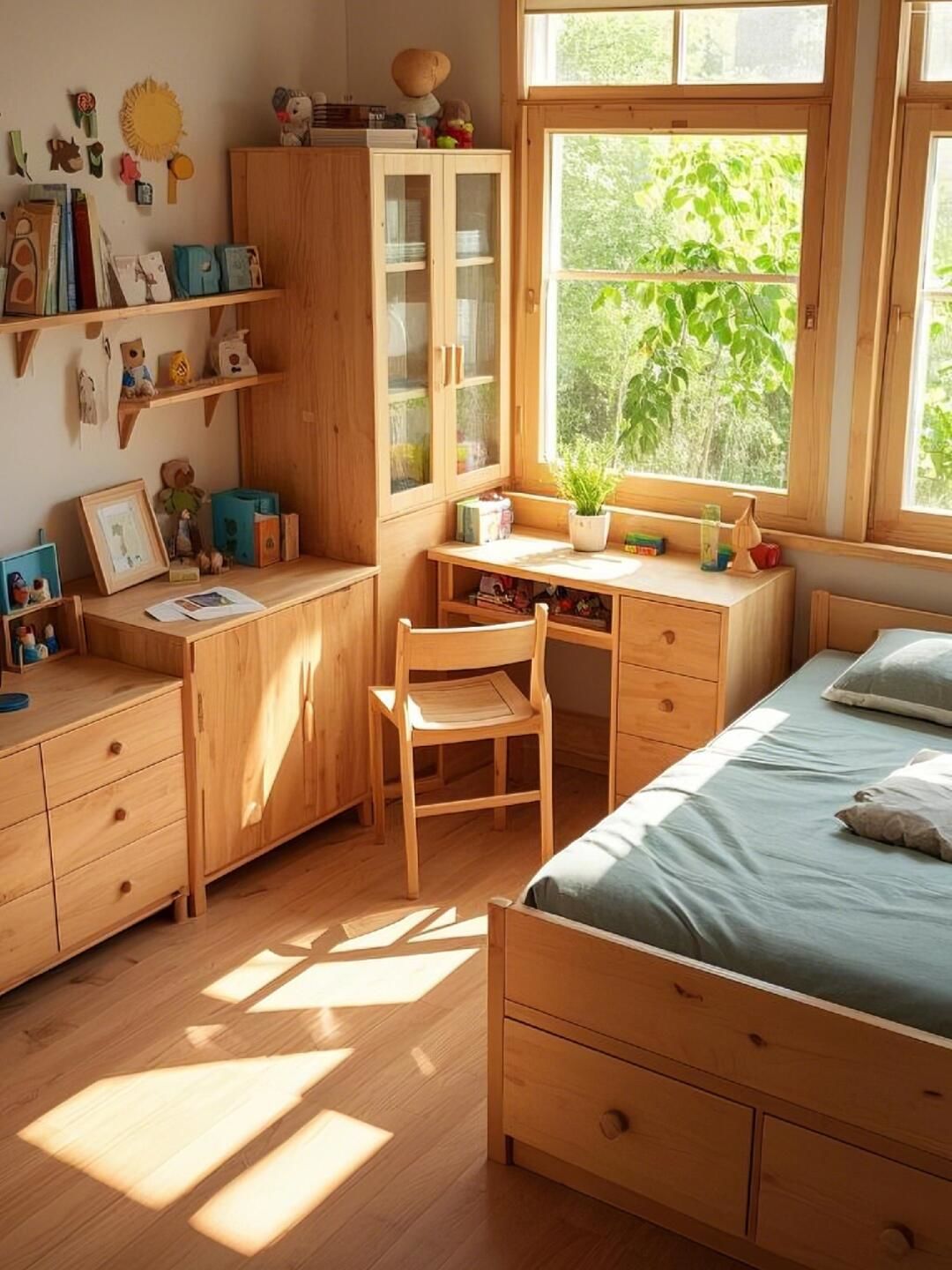 儿童房一角原木风格卧室,温暖,柔软