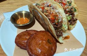 Spicy Enhanced Grain-Fed Beef Taco + Seafood Pancake