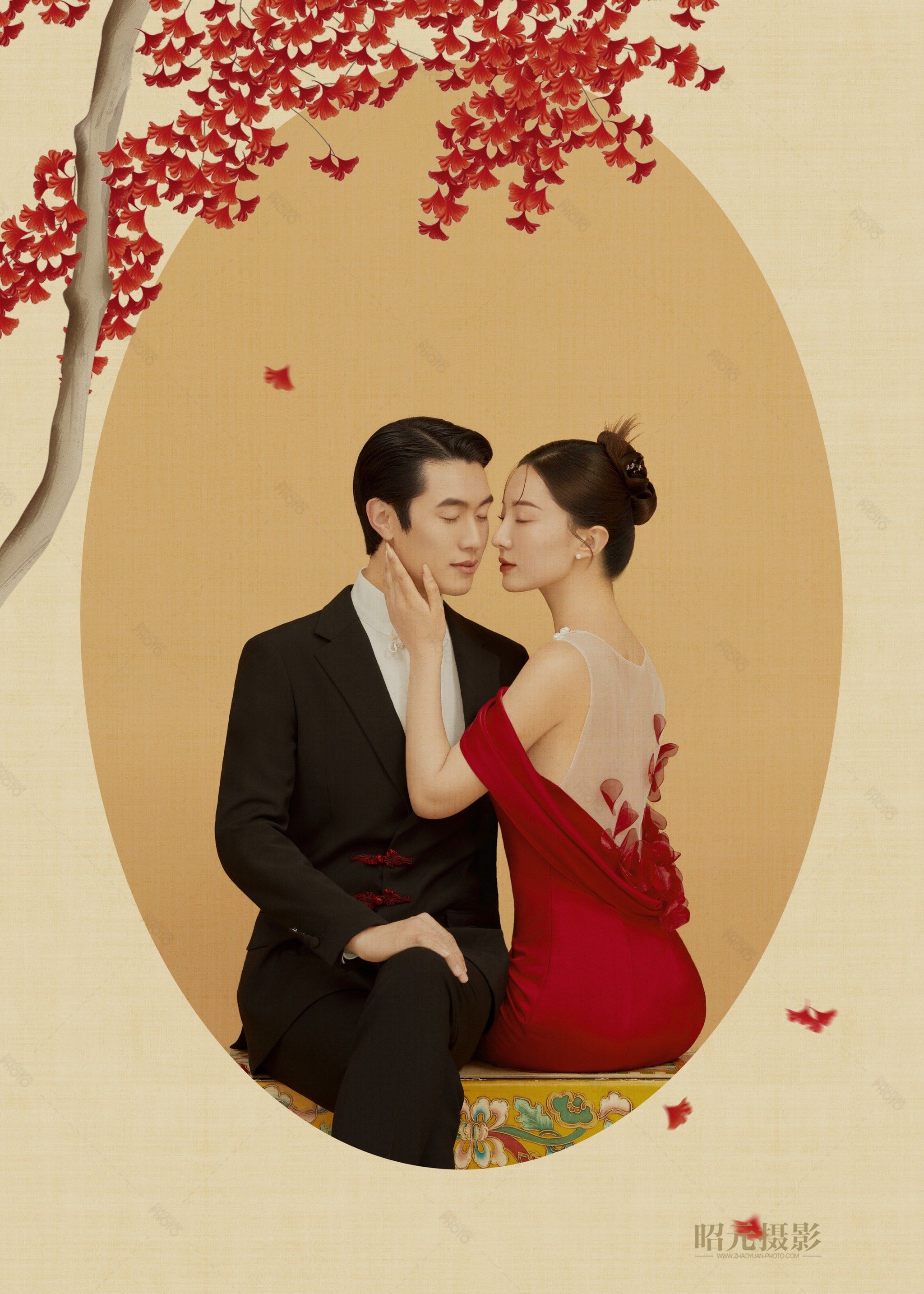 美如画的中式工笔画婚纱照