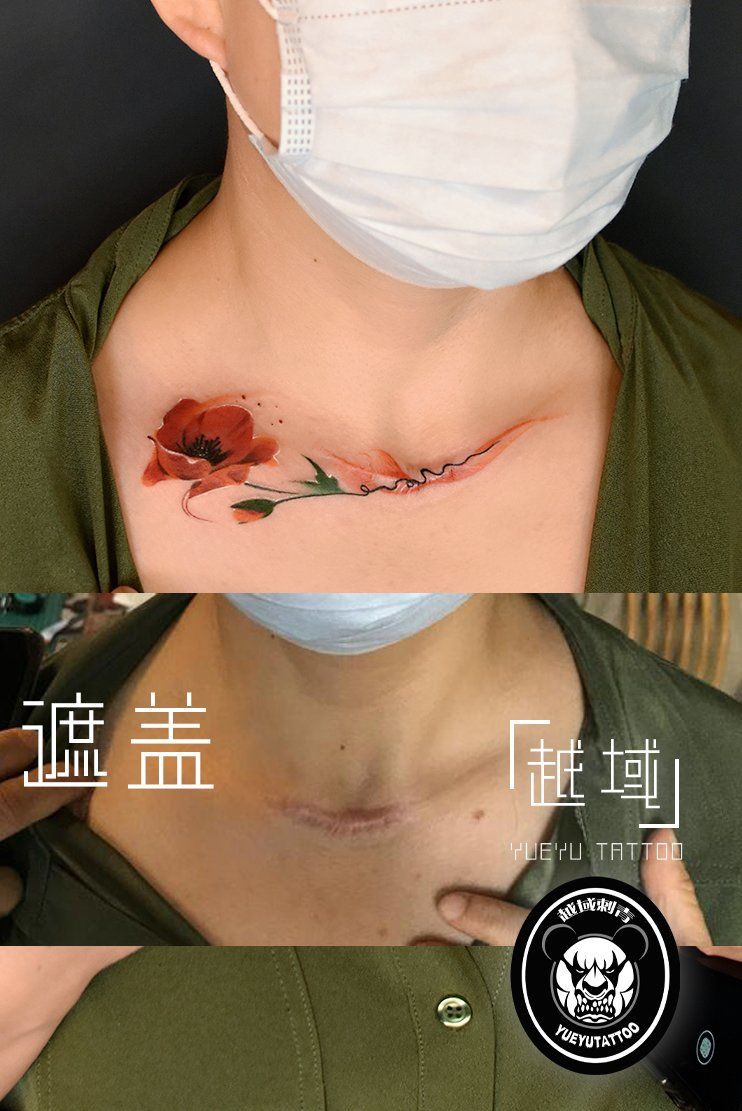 锁骨花卉疤痕遮盖纹身图案
