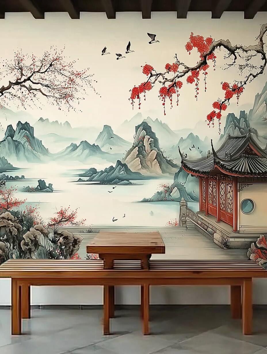 的静谧力量,山水壁画让家更有诗意