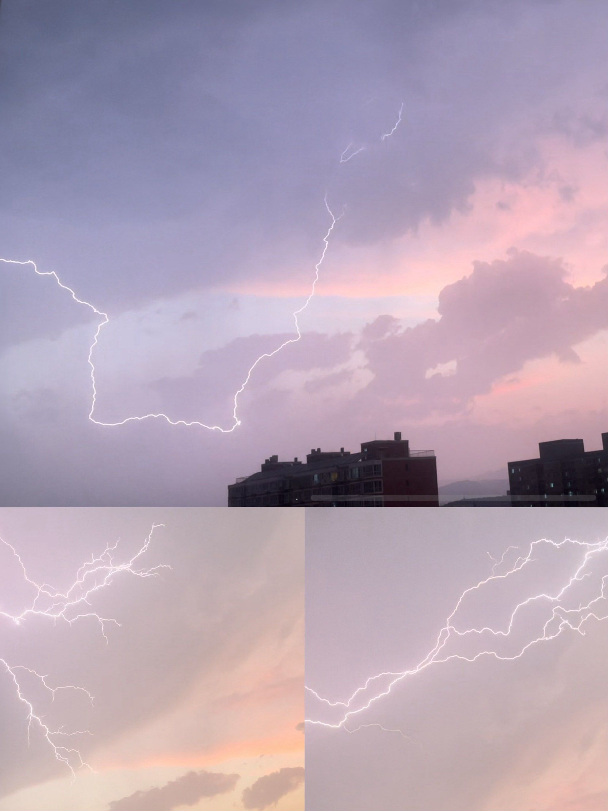 傍晚的天空色彩斑斓,晚霞还有闪电为伴