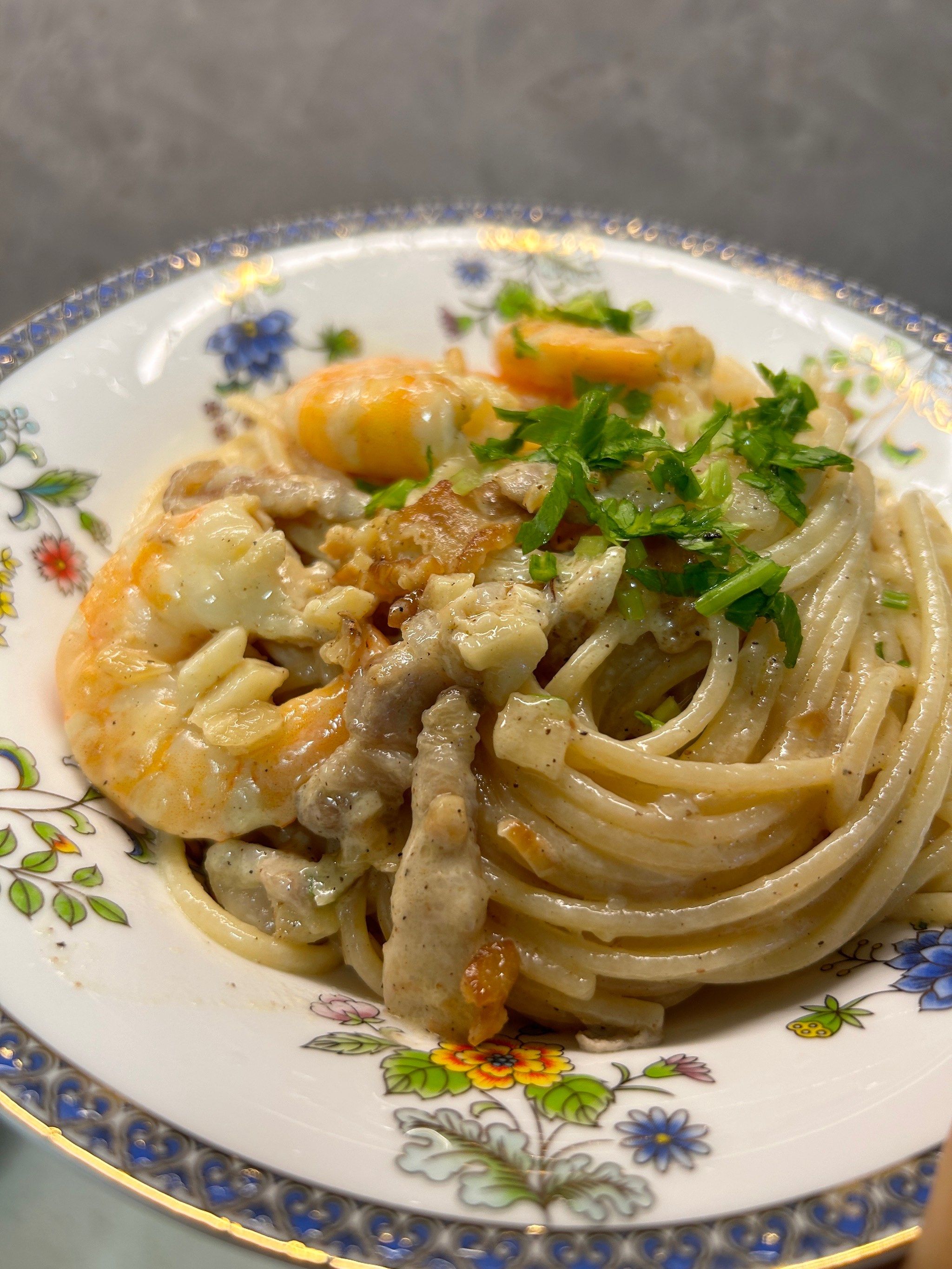 硬核早餐:奶油鲜虾意面