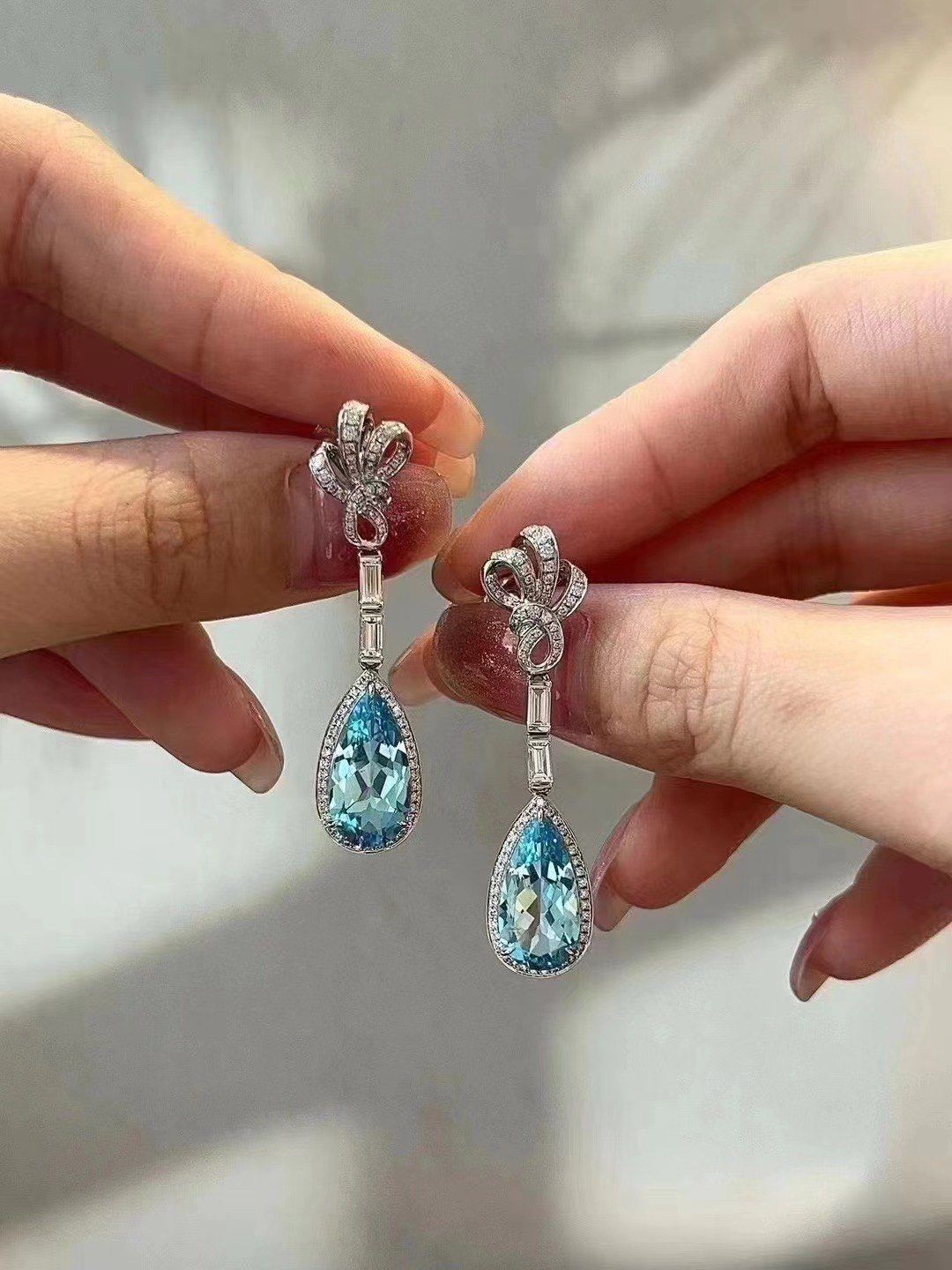海蓝宝钻石耳坠,夏天的清爽味道