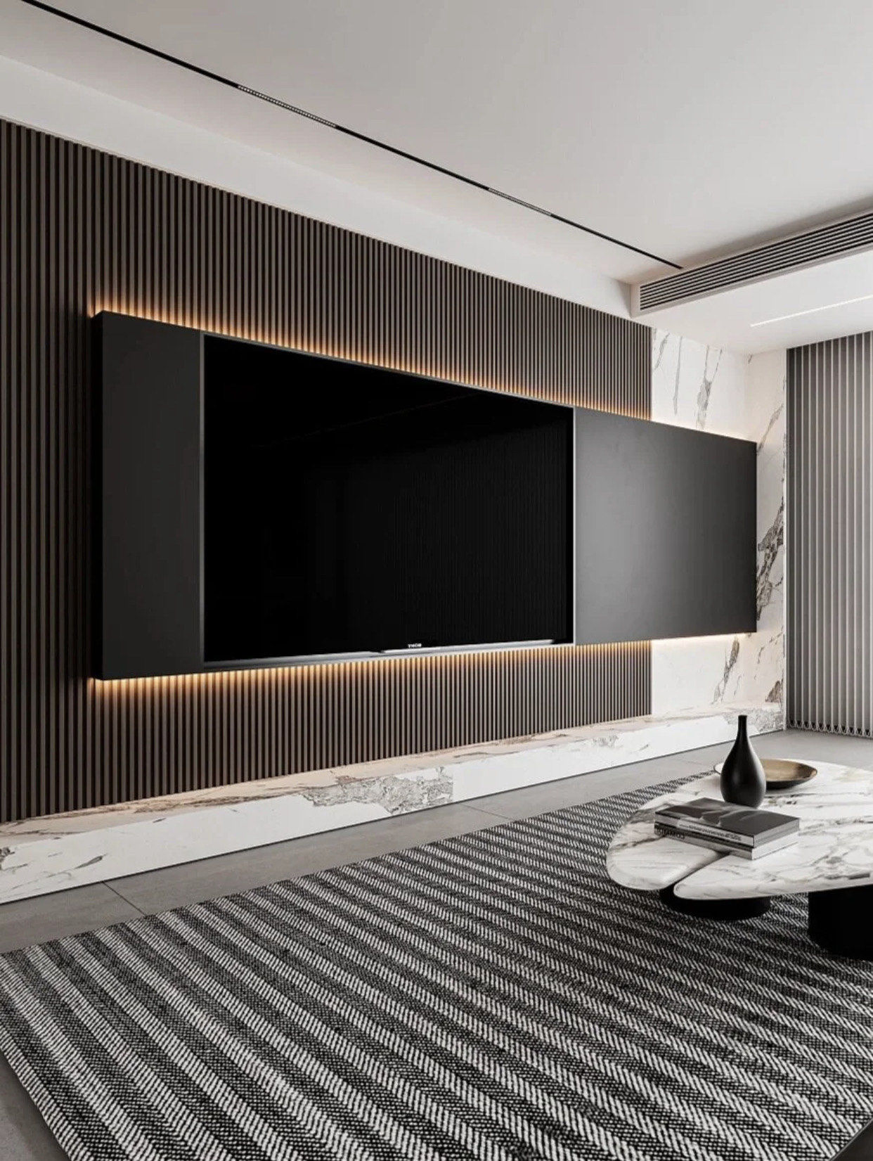 了
全屋护墙板/背景墙选择深棕色的木饰面
客厅电视背景墙