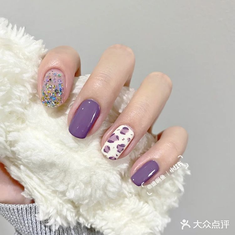 紫色美甲	俏皮少女温柔豹纹亮片渐	 变甲   