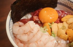 Tuna, Uni, and Shrimp Donburi
