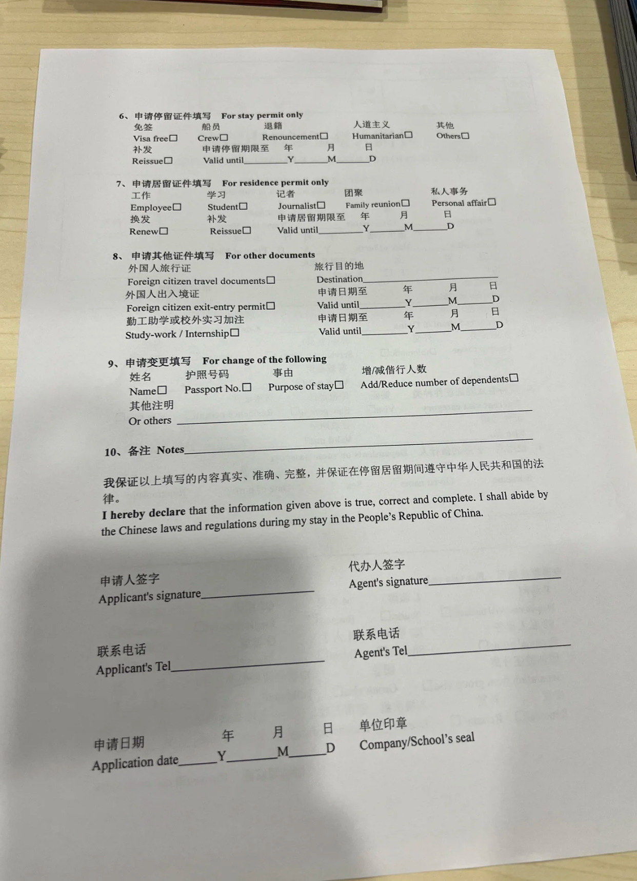 签证申请表