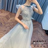 灰蓝色得轻纱礼服 水晶纱得面料，闪闪亮亮 A蓬的版型