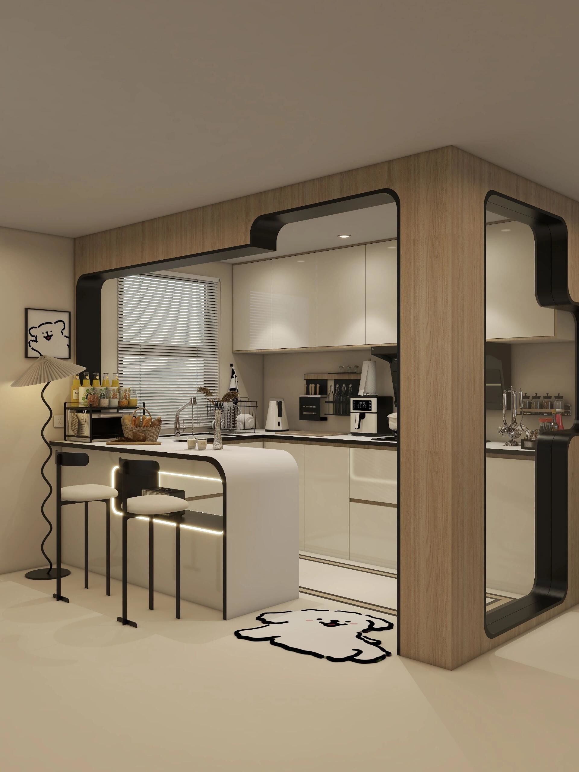 感觉
✨弧形门套➕弧形餐桌给空间增添了氛围感
#开放式厨房