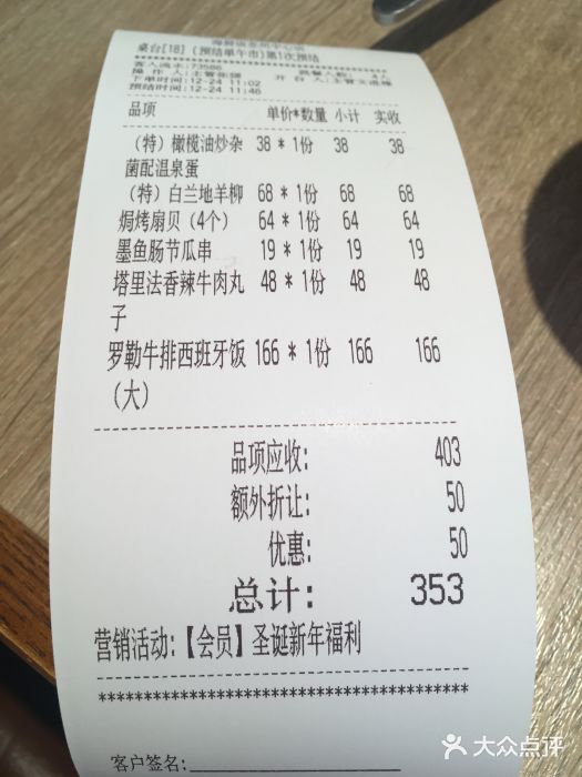 CRAZYONES克芮旺斯西班牙餐厅(苏州中心店)账单图片
