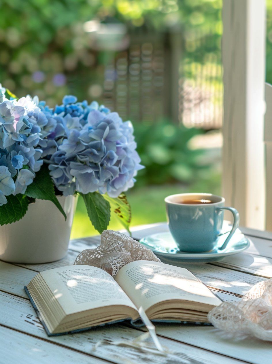 谁能抗拒在一家开着绣球花的咖啡厅看书的午后呢