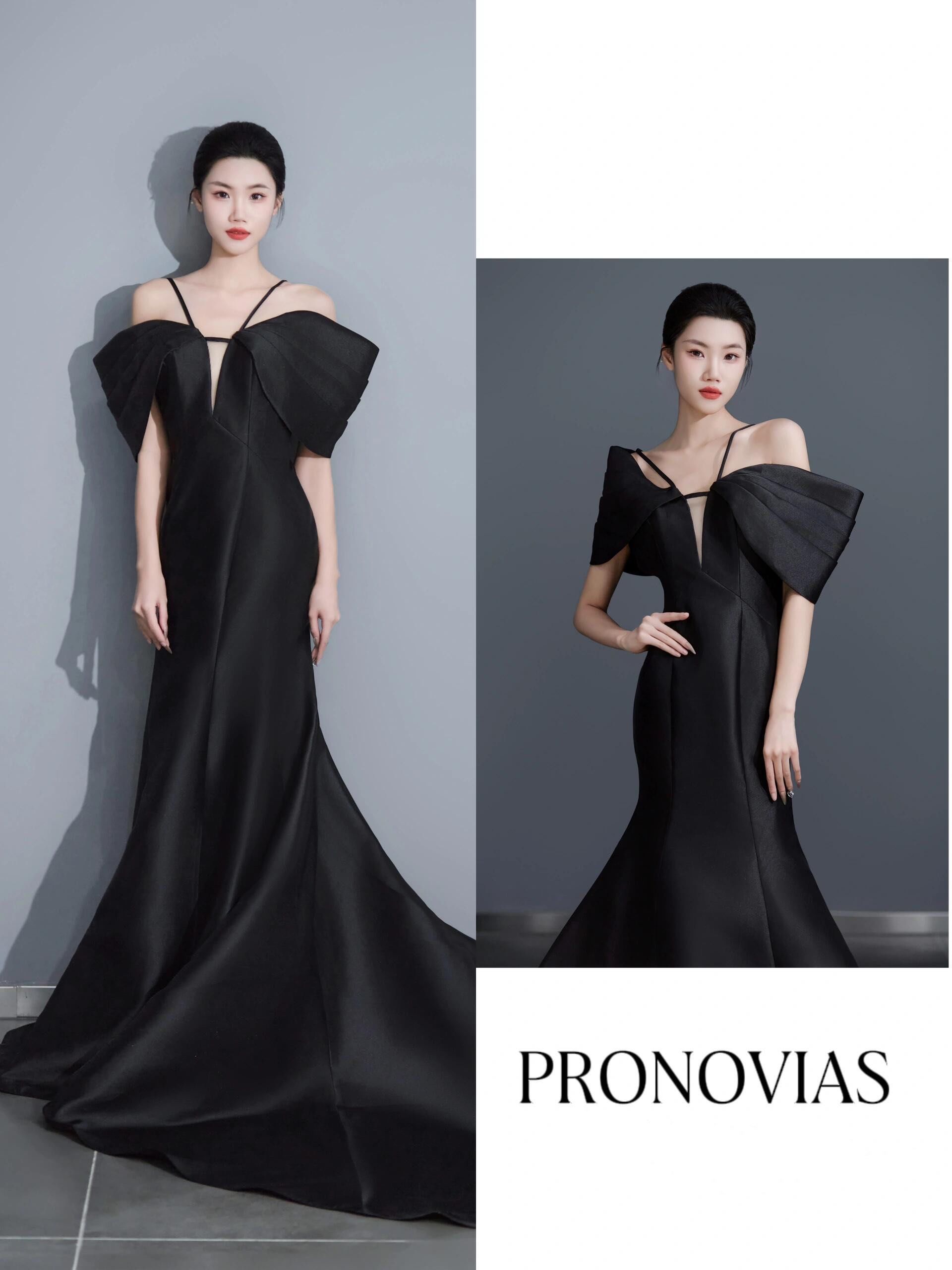 高级感满满🖤黑天鹅缎面一字肩鱼尾婚纱