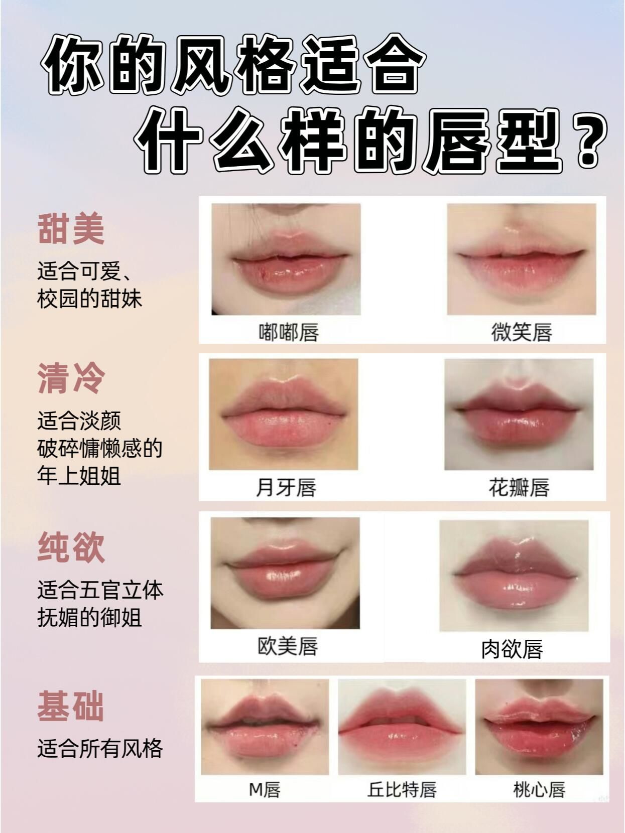 🌟甜美类型:适合可爱的校园甜妹
嘟嘟唇,微笑唇
🌟清冷