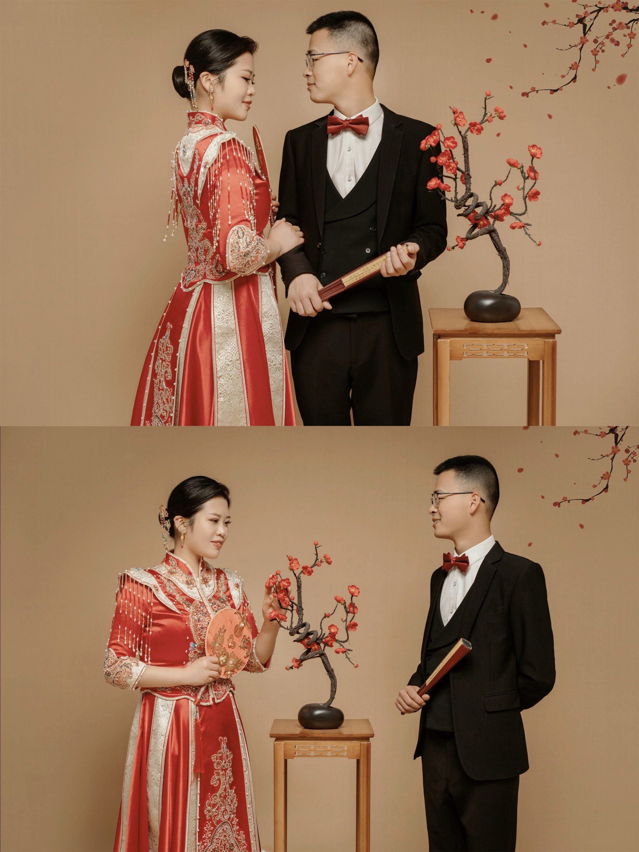 红色秀禾与西装的融合,新中式婚纱照的魅力[礼花]