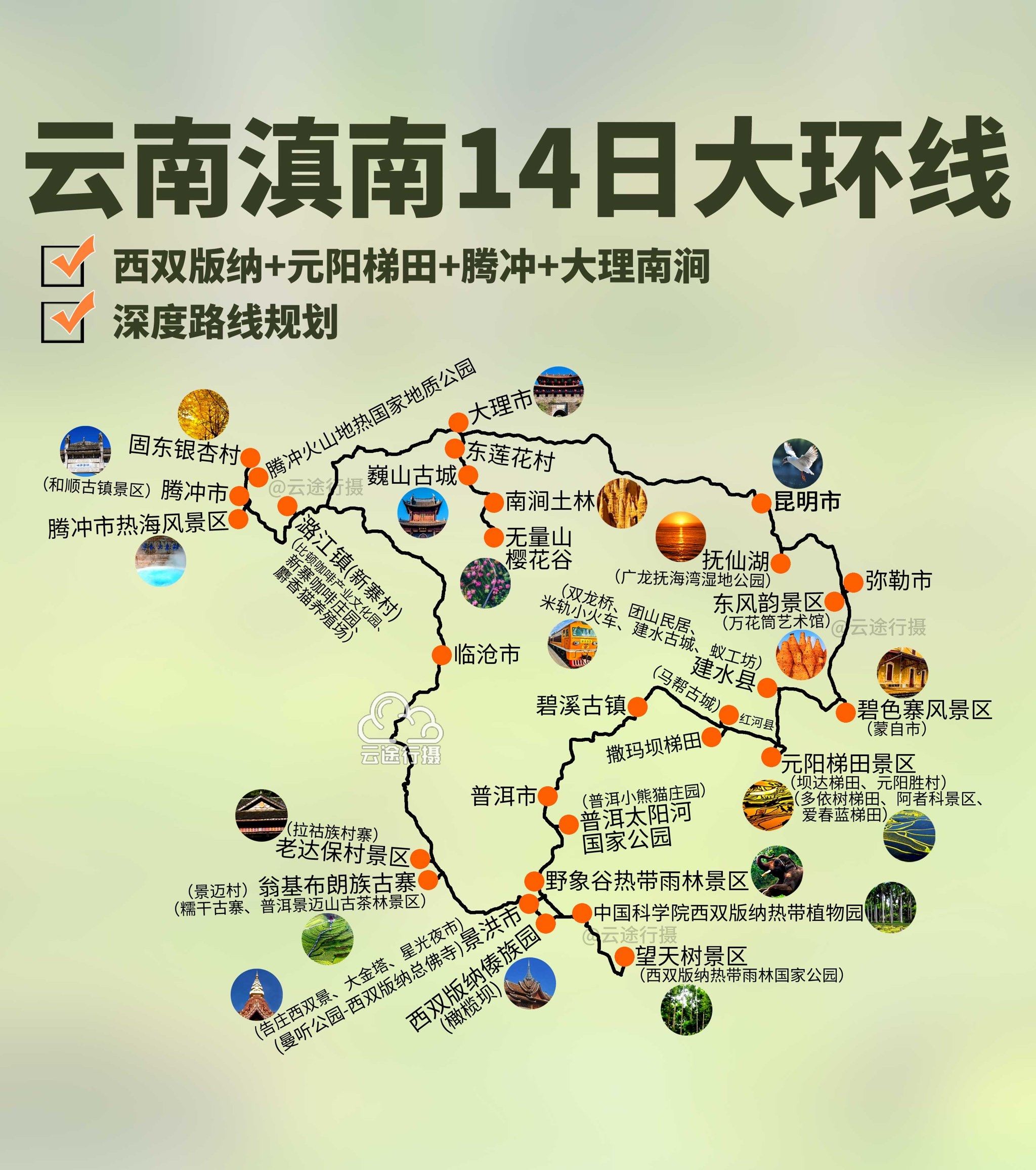 云南滇南全景14日深度大环线旅游攻略路线图(原创),腾冲元阳
