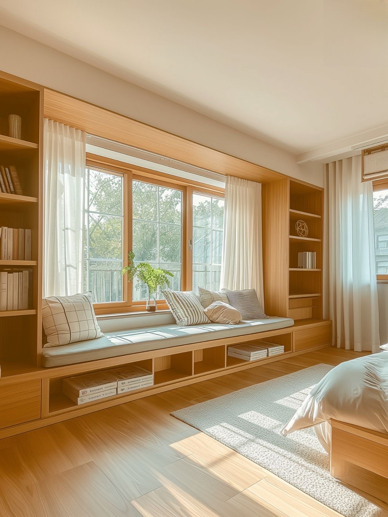 n-
◻将卧室床尾飘窗打造成卡座沙发,左右两侧再设计书架墙,连