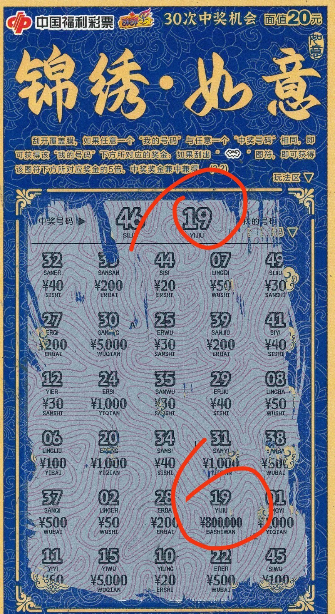 福彩刮刮乐一百万中奖票