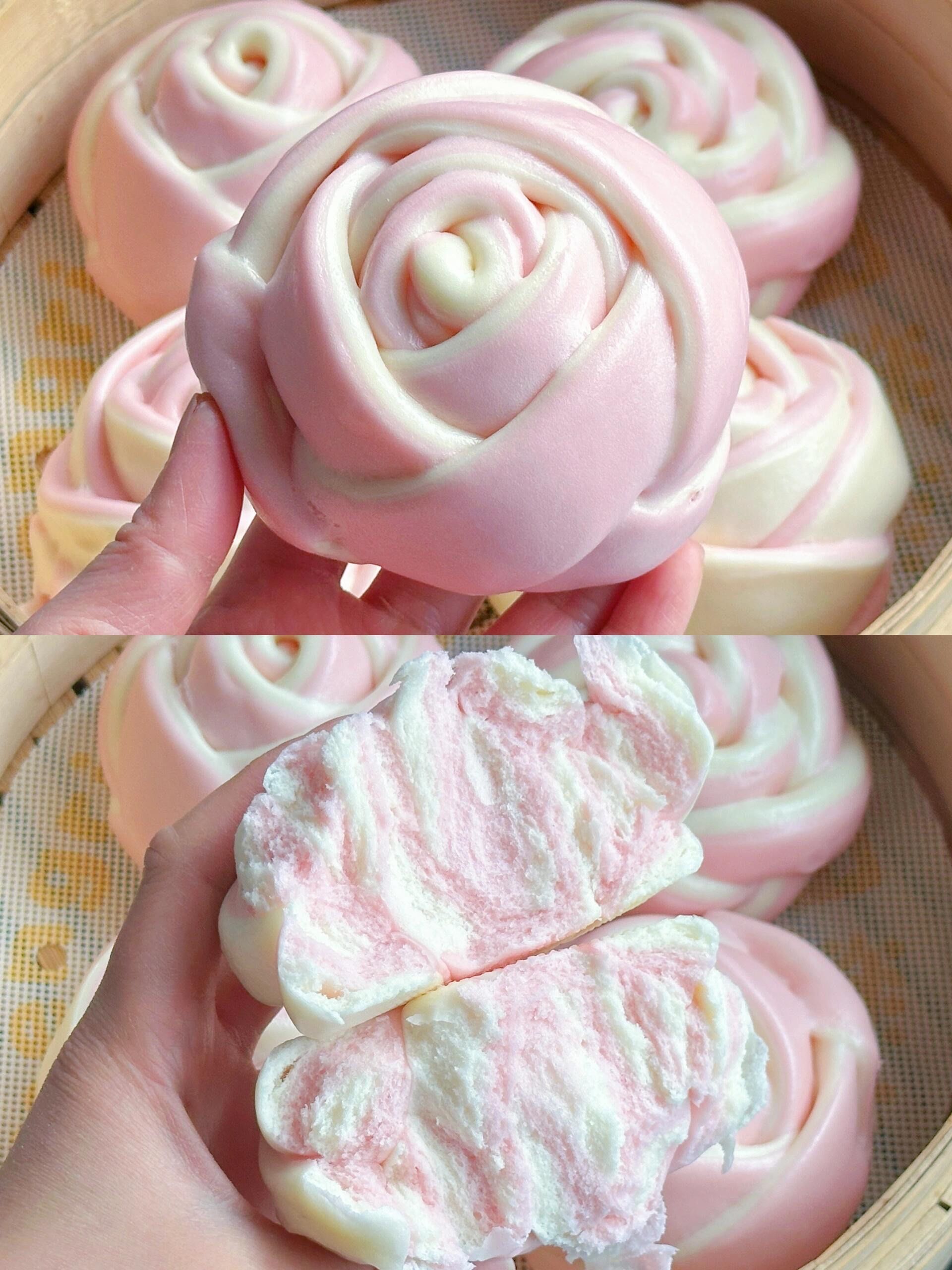 双色玫瑰花馒头～妥妥水光肌馒头!组织超细腻