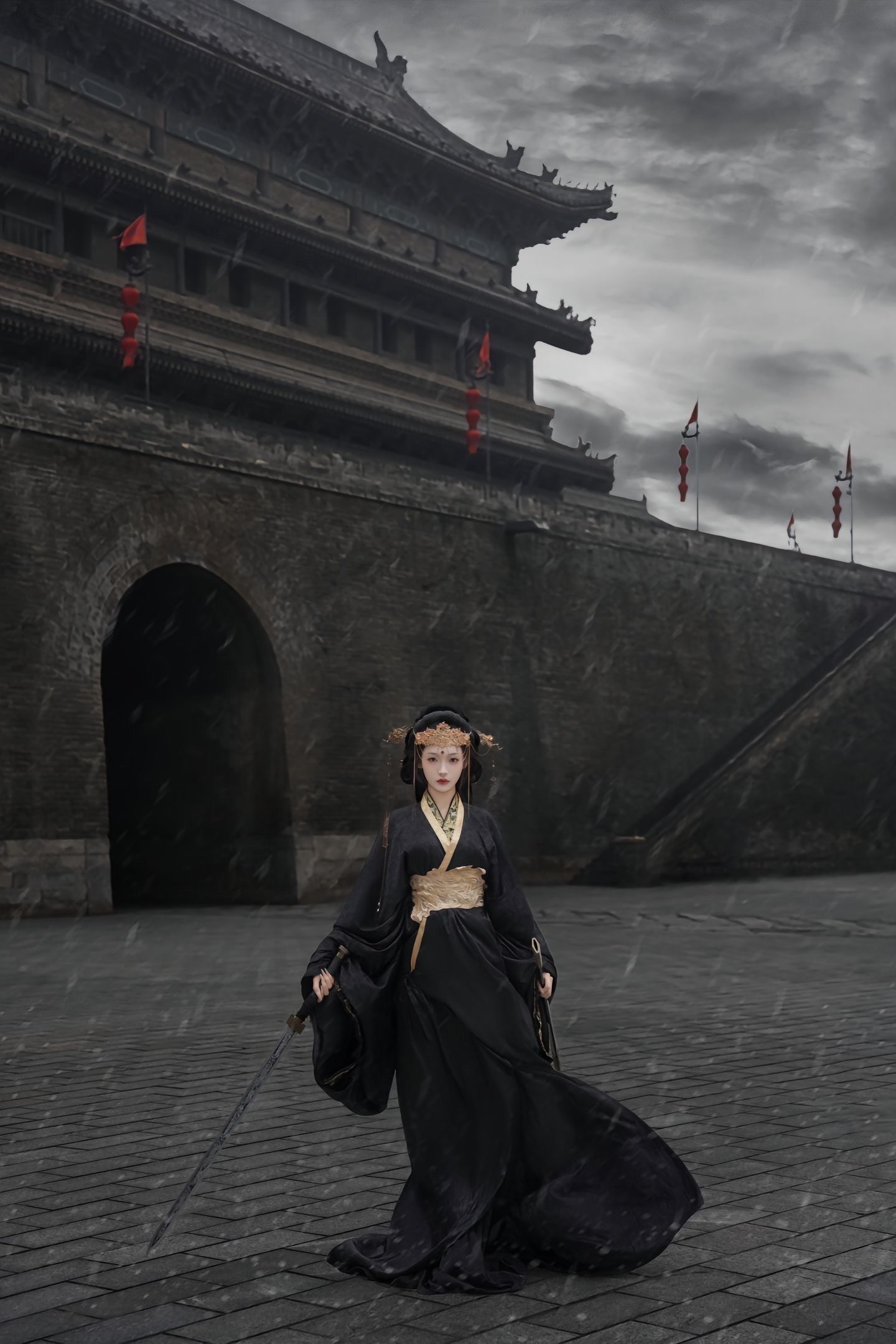 城墙战国袍黑色战国袍宿命感亡国公主汉服跟拍