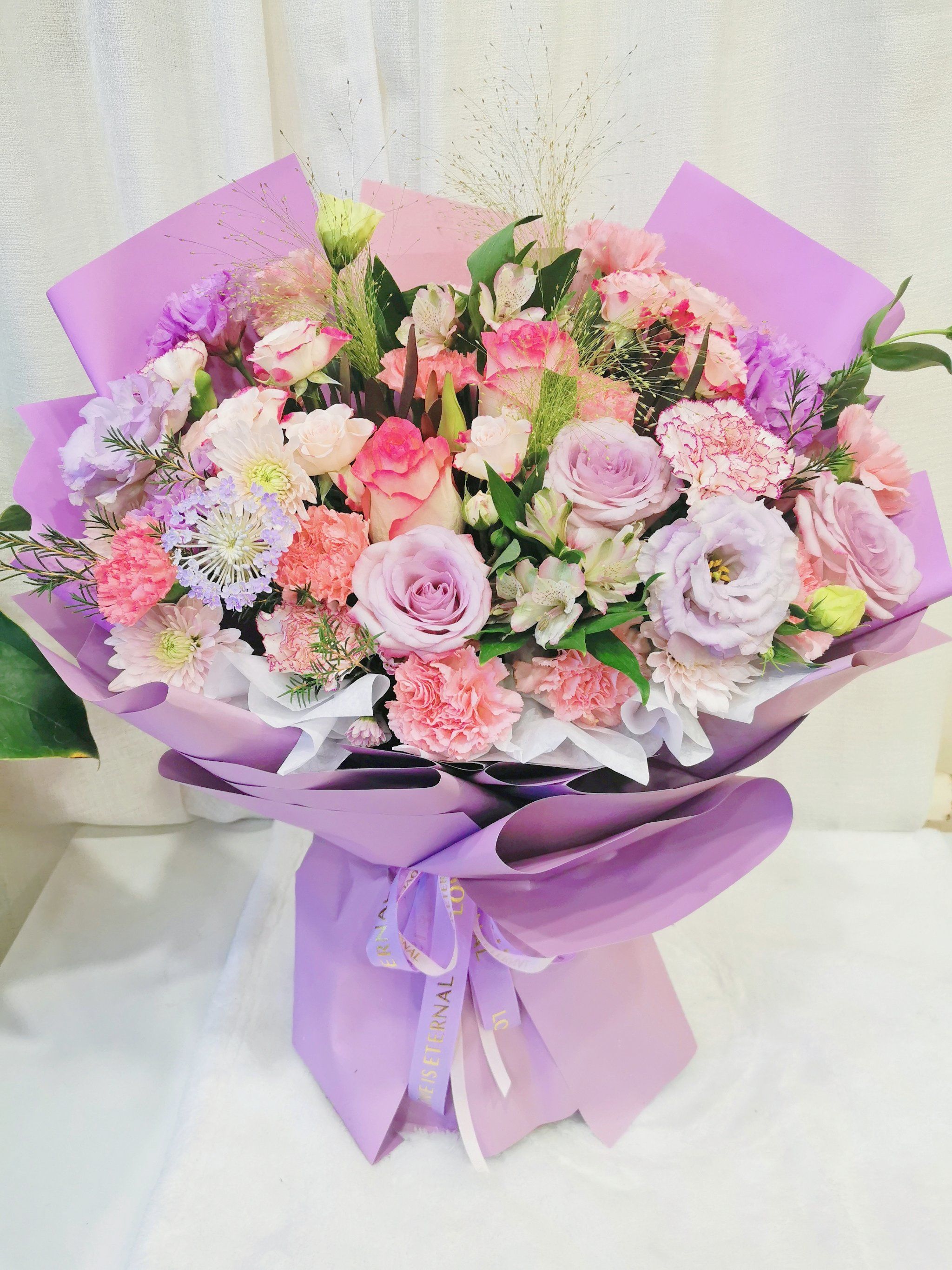 爸爸妈妈结婚纪念日,宝贝女儿给的祝福花束,粉紫色系花束「挚爱鲜花