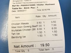 账单-新加坡Zam Zam餐馆