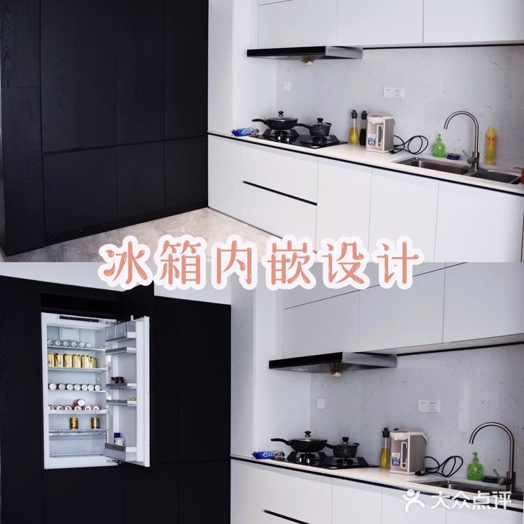 装修开放式厨房，冰箱嵌入高柜设计，好看实用